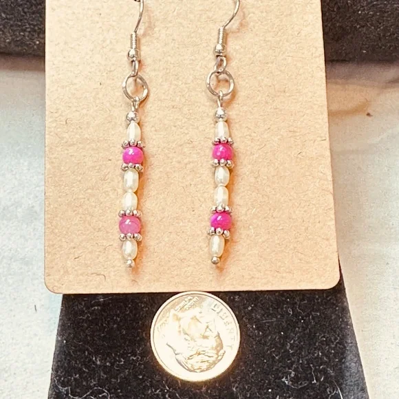 Stainless Steel Dangle Earrings Freshwater Pearls & Crackle Quartz Hand Made - Picture 8 of 11